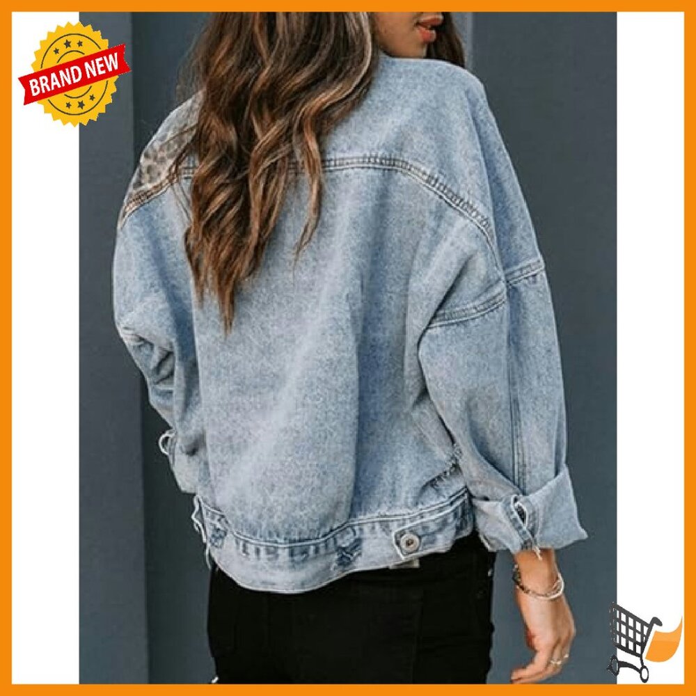 Distressed Denim Jacket with Leopard Patchwork, B… - image 7